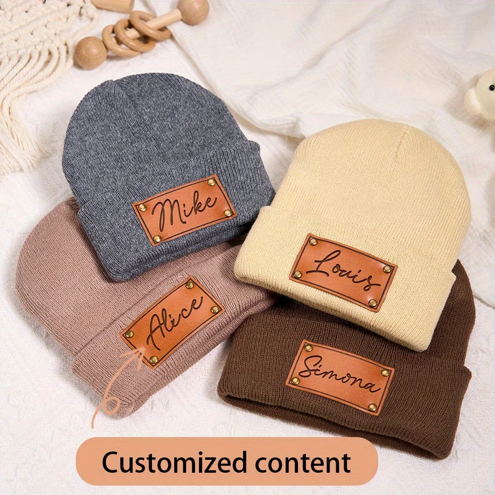 Custom Leather Patch Beanie Custom Name Knitted Cuffed Winter Hat, Custom Engraved Tag Warm Skull Cap Birthday Gift for Family.