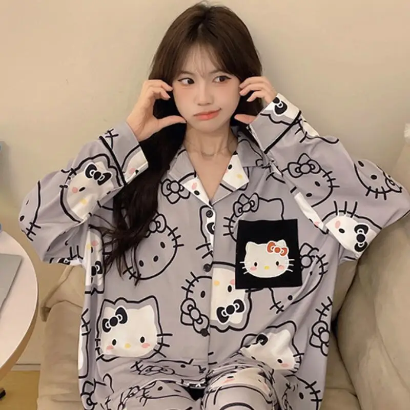 Kawaii pijamas terno olá kitty usagi algodão primavera anime hachiware mangas compridas calças pijamas casuais meninas estudante homewear