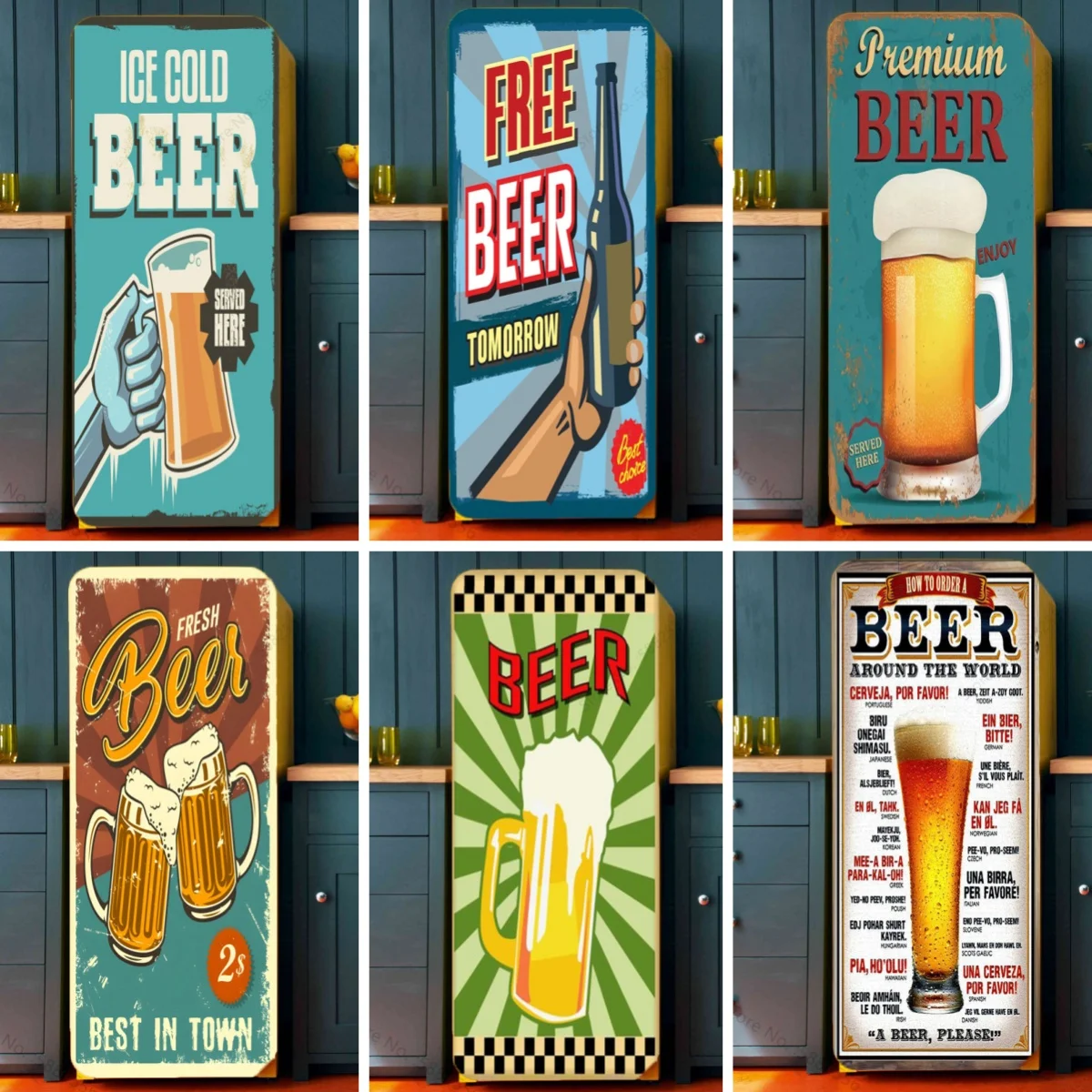 Retro Beer Drink Fridge Door Sticker Waterproof PVC Refrigerator Wallpaper Vintage Cup BEER Poster Kitchen Decoration Stickers