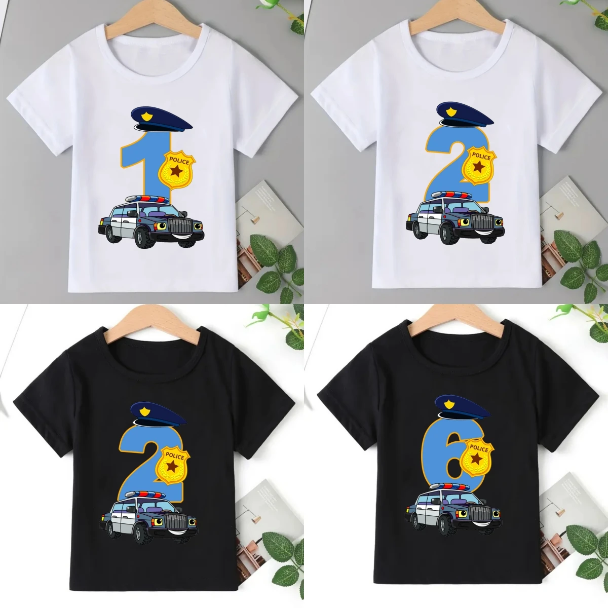 Birthday Boy Police Theme Number 1-9 with Police Badge Camouflage Helicopter T Shirt Boy Gift Baby Clothes Kids Short Sleeve Top