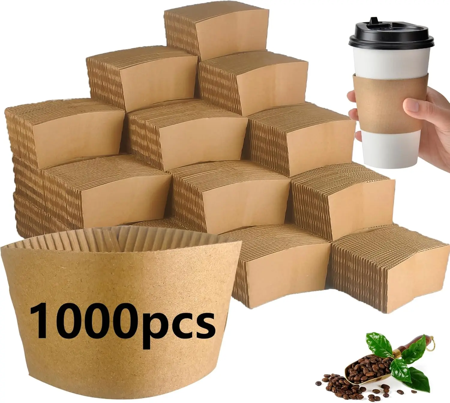

[1000 Pack] Disposable Coffee Cup Sleeves, Corrugated Kraft Paper Hot Cup Sleeves Fit 10oz-24oz Cups, Recyclable Cup Sle