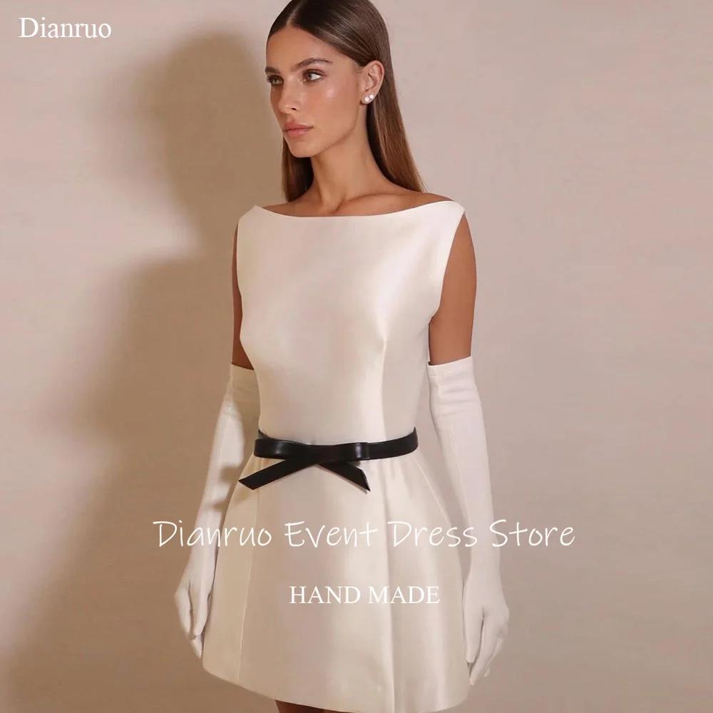 

Dianruo Boat Neckline Sleeveless Prom Dresses Black Bow Belt Above Knee Birthday Dresses A Line Satin Evening Dresses Customized