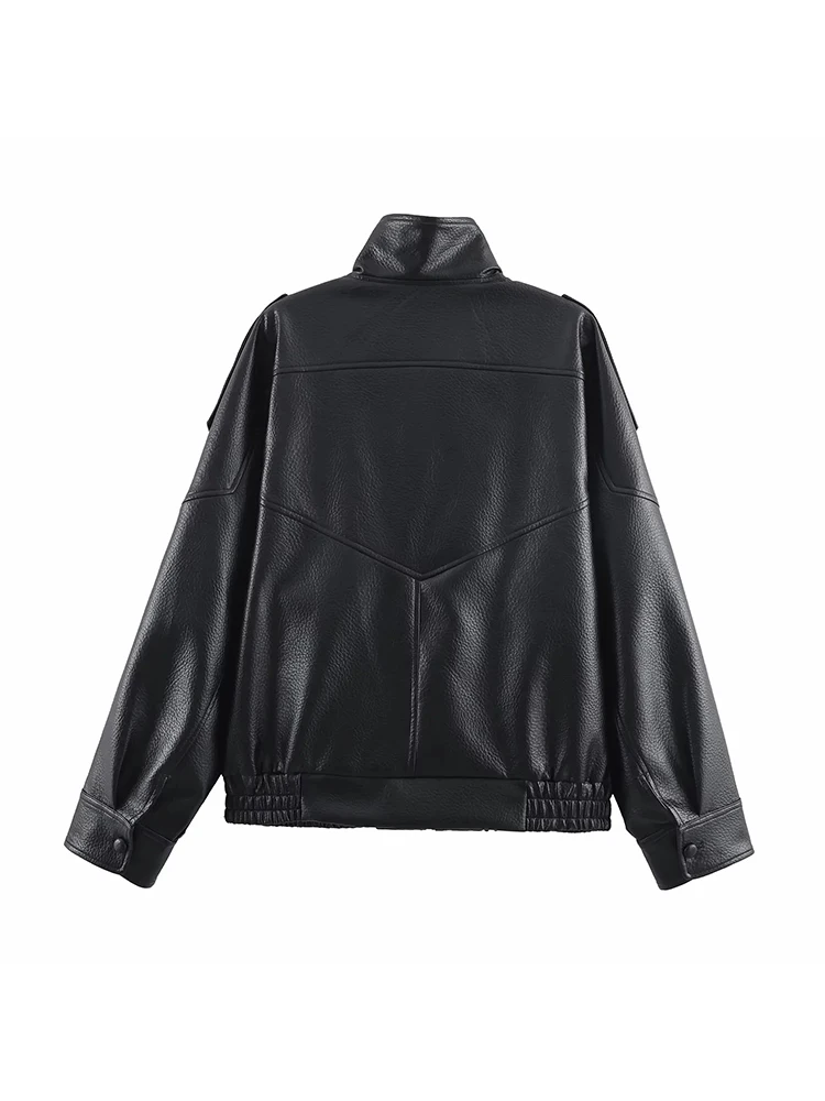 Jaqueta de Couro Sintético para Mulheres, Roupas Femininas, Nova Coleção de Primavera, Casacos Curtos com Zíper e Bolsos, Estilo Street Chic