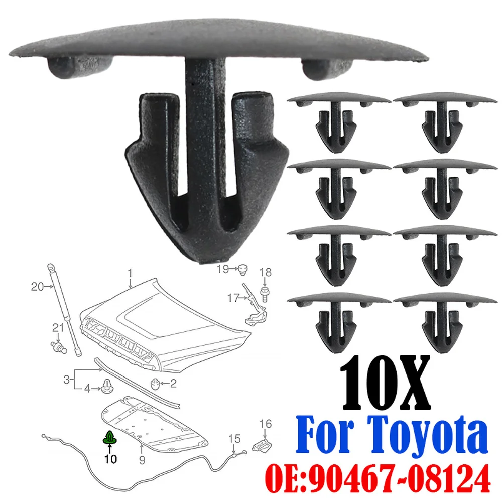 10Pcs Black Hood Insulation Clips Retainer Fastener Rivet 90467-08124 For Toyota Chr  Supra Corolla Highlander Celica For Lexus