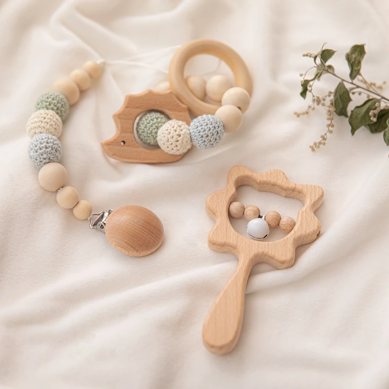 1set Baby Wooden Rattles Plush Crochet Animal Music Rattle Pacifier Chain Clip Newborn Wooden Teether Nursing Chew Cartoon Toy