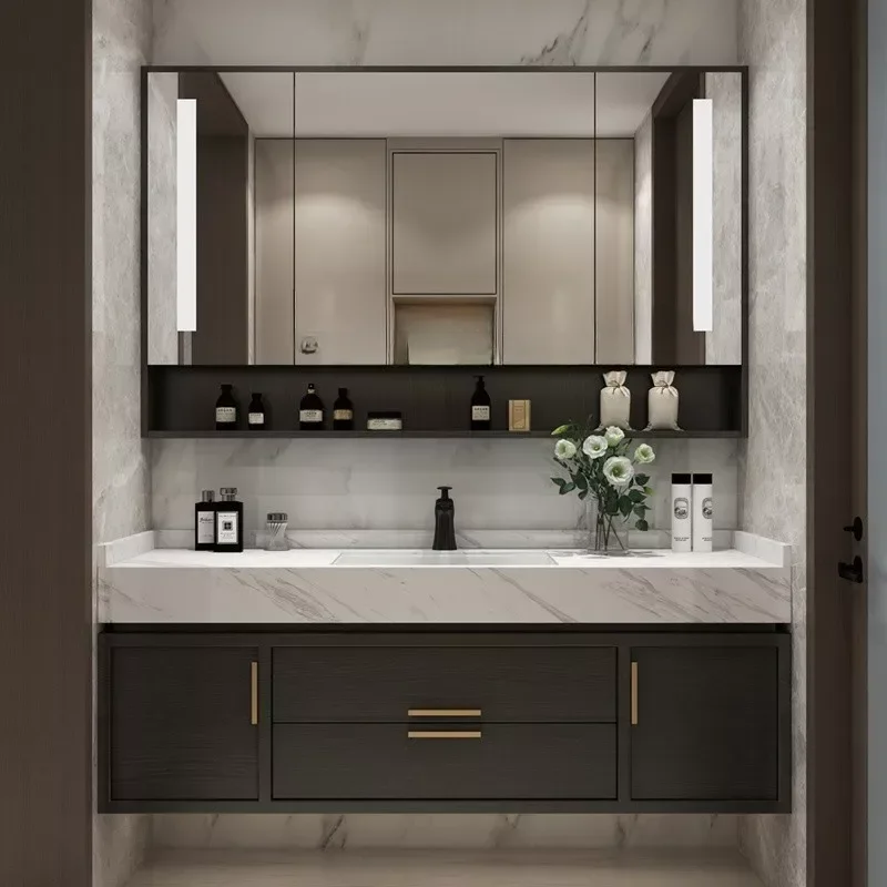 Light Luxury Bathroom Cabinet Intelligent Hanging Combination Modern Simple Custom Bathroom Washbasin Marble Furniture