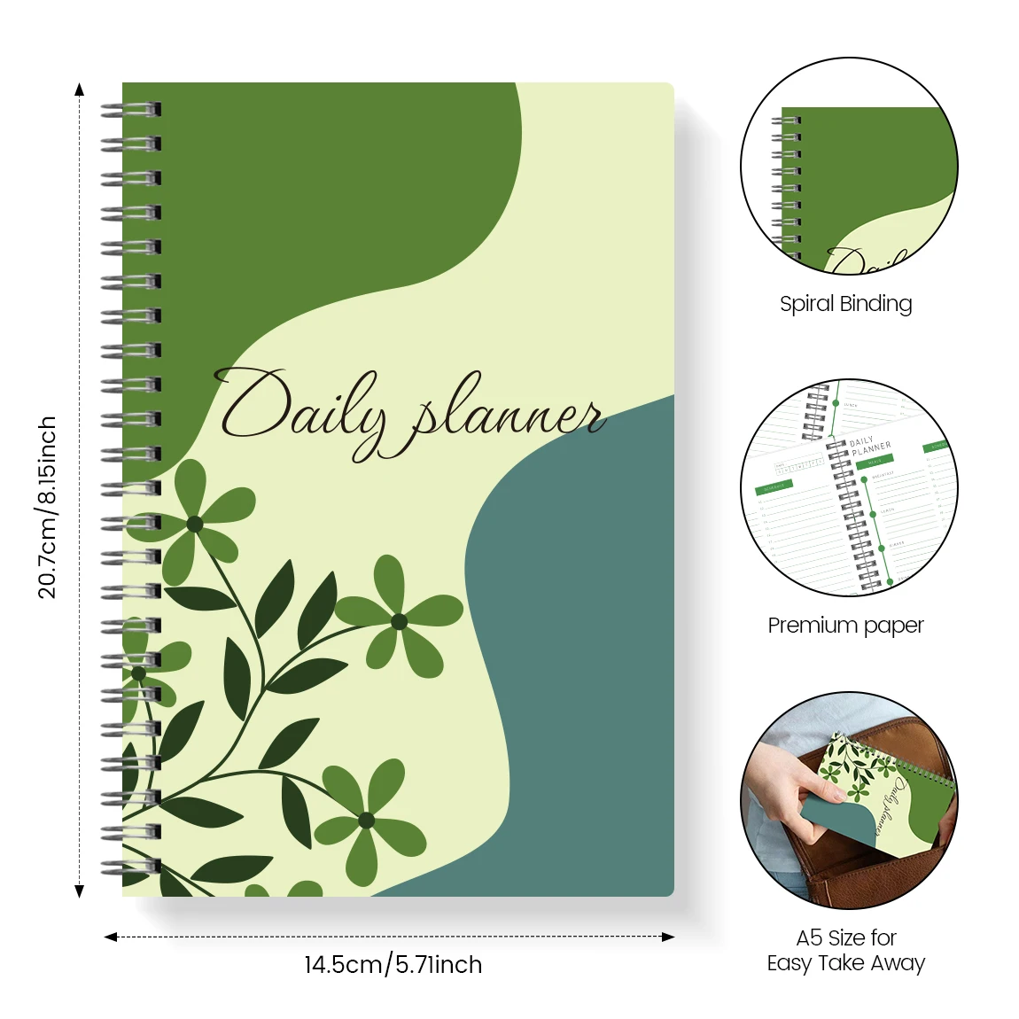 1PC A5 Daily Planner Spiral Notebook, Floral Minimal Daily Organizer with To-Do List, Notes & Productivity Pages