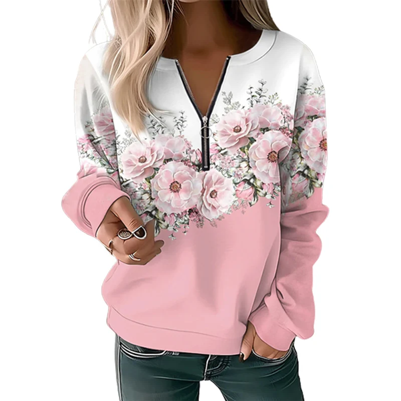 

Women's Crew Neck Zipper Half-open Sweatshirt Elegant Botanical Flower Print Hoodie Female Autumn Long Sleeve Pullover Outerwear