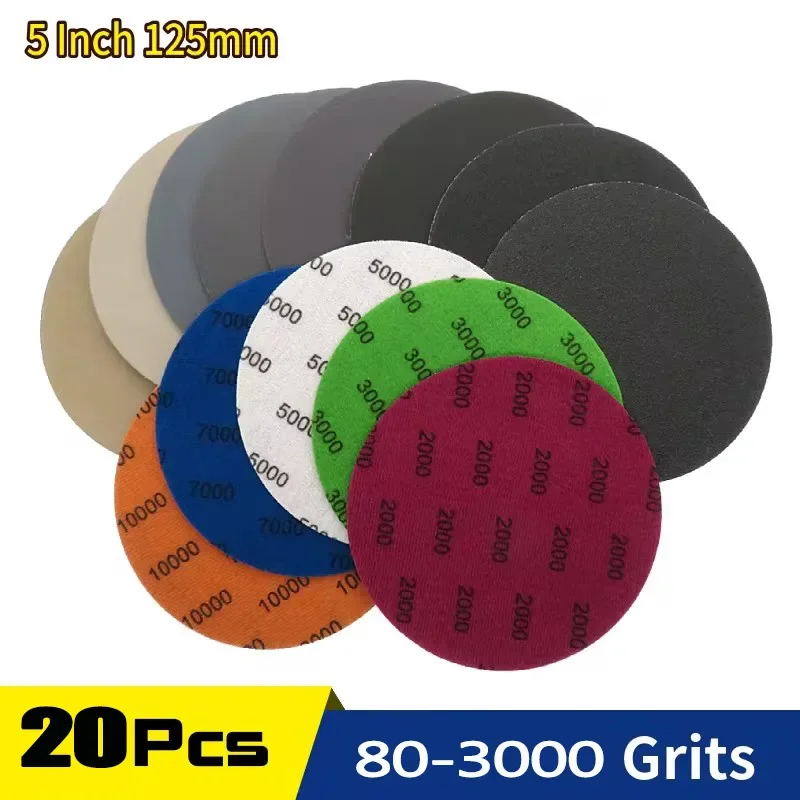 

20Pcs 5 Inch 125mm Waterproof Sanding Discs Hook & Loop Silicon Carbide Sandpaper Wet/Dry 80 -3000 Grit for Polishing Grinding