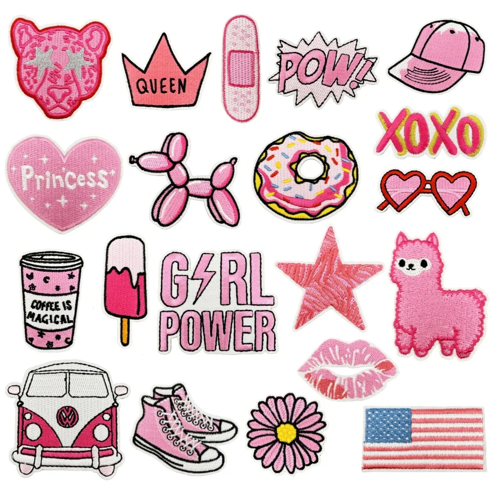 Cartoon Pink Series Shoes Bus Coffee Ice Cream Hat Sew Iron On Embroidery Patches Stickers Applique for Clothing Jeans Hat Bags