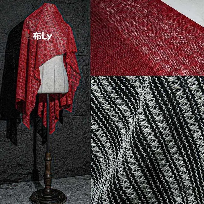 Hollow knitted fabric jacquard black and white red stripe ribbed mesh fabric grid elastic bottoming shirt design fabric
