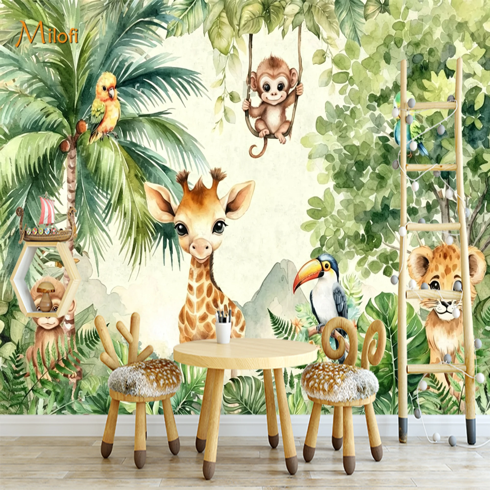 Custom Mural Wallpaper Watercolor Jungle Animals Wall Mural, Giraffe Monkey Lion Tropical Leaf Wall Decor for Kids Nursery