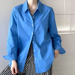 Women Blue Blouses Turn Down Collar Tops Loose Style Long Sleeve Cotton Blouses Autumn Tops For Women's Casual Clothes Blusas