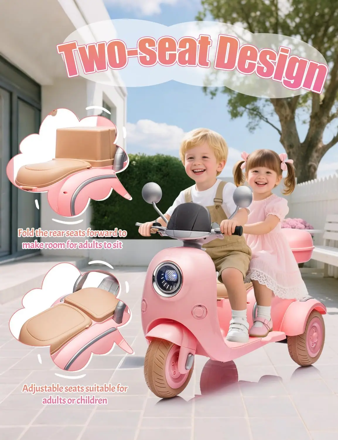 12v crianças motocicleta elétrica bicicleta elétrica para criança 3-6 3 rodas passeio na scooter com usb, bluetooth, luzes 2 assentos motor duplo