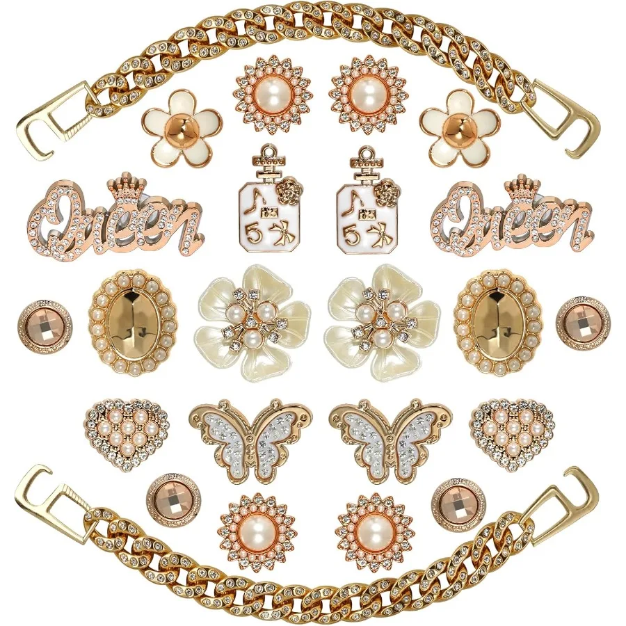 

Подвески для обуви Bling для девочек и женщин Золотые подвески для обуви Girly для 24 шт. Блестящие подвески для обуви Объемные цепочки для обуви Шпильки для обуви Ac