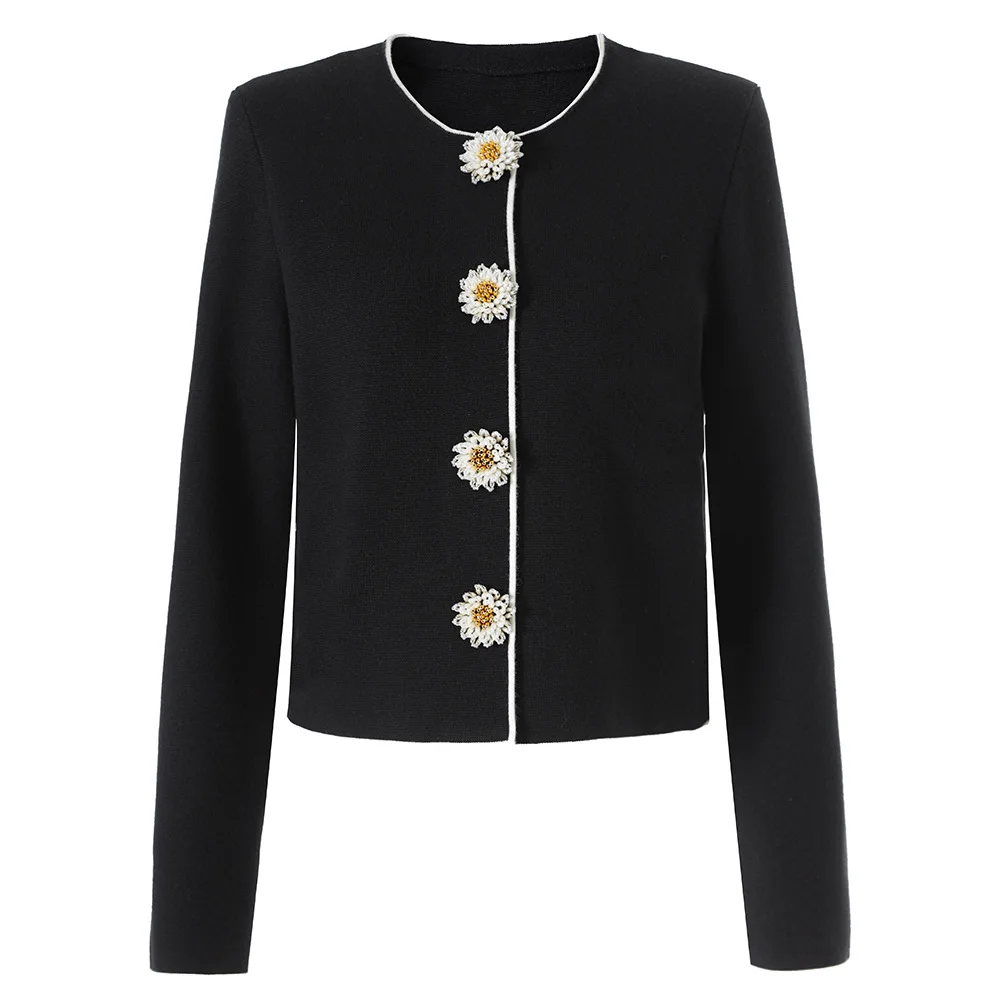 

French Contrast-Trim Knit Top, URBANCHIC Hand-Beaded Floral Buttons, Crew-Neck Premium Pullover