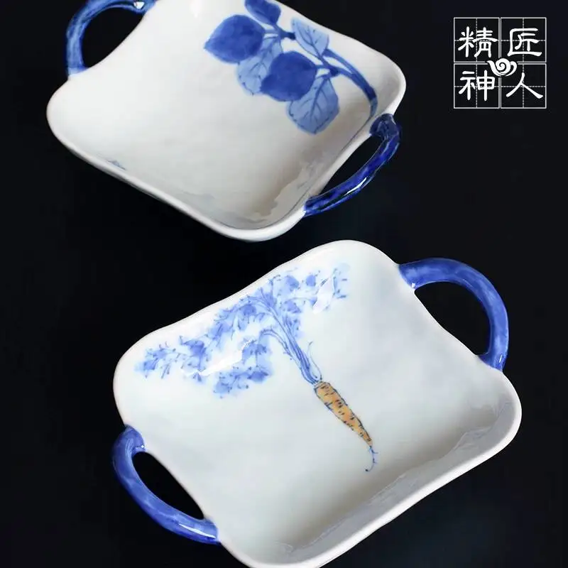 Two Boxes Containing Japanese Imported Arita Ware Hand-Painted Vegetable-Patterned Double-Handle Plates Blue And White Bowls,