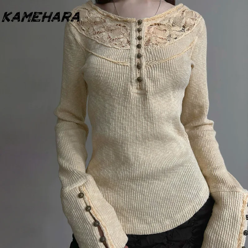 

KAMEHARA Niche Retro See-through Lace Splicing Half-open Collar Knit Top Row of Buttons Long-sleeved Slim Bottoming Thin T-shirt