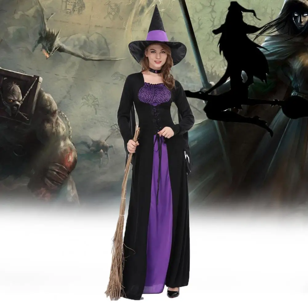 Dark Witch Costume Witch Halloween Costume Set with Dark Purple Dress Hat Collar Style Lace-up Robe for Women Vintage Cosplay