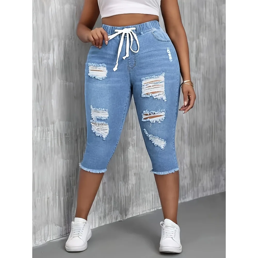 European wind hole drawstring elastic waist burrs jeans, summer explosions elastic slim ladies jeans.