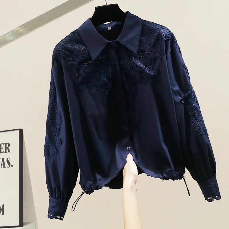 

Faionable Heavy Embroidery Hollow out Hook Flower Collar irt Loose Long Sve Casual Sle Women's Breathable Polyester ...