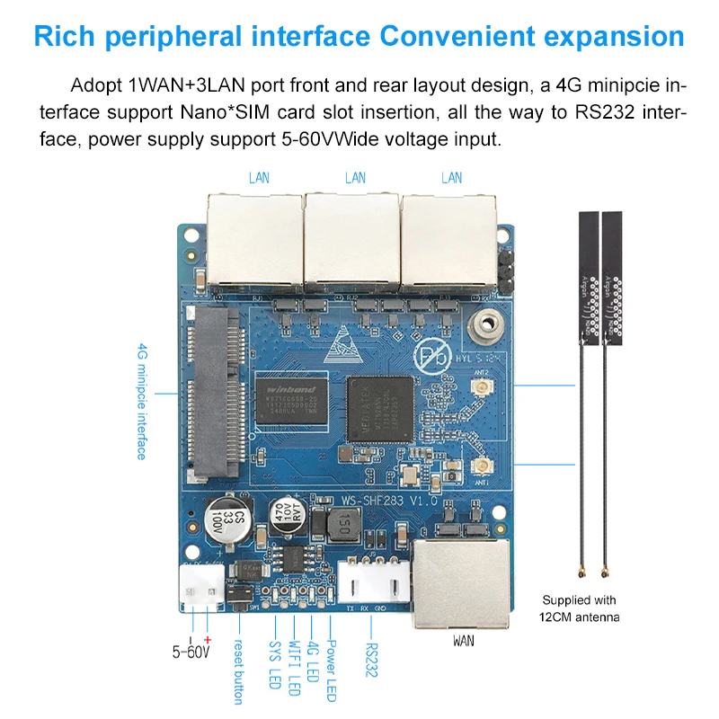 Modul Router Nirkabel 4G Miniatur Kompatibilitas Jaringan Penuh 4-Port WiFi Repeater Rentang Tegangan Lebar 5-60V, Motherboard PCBA
