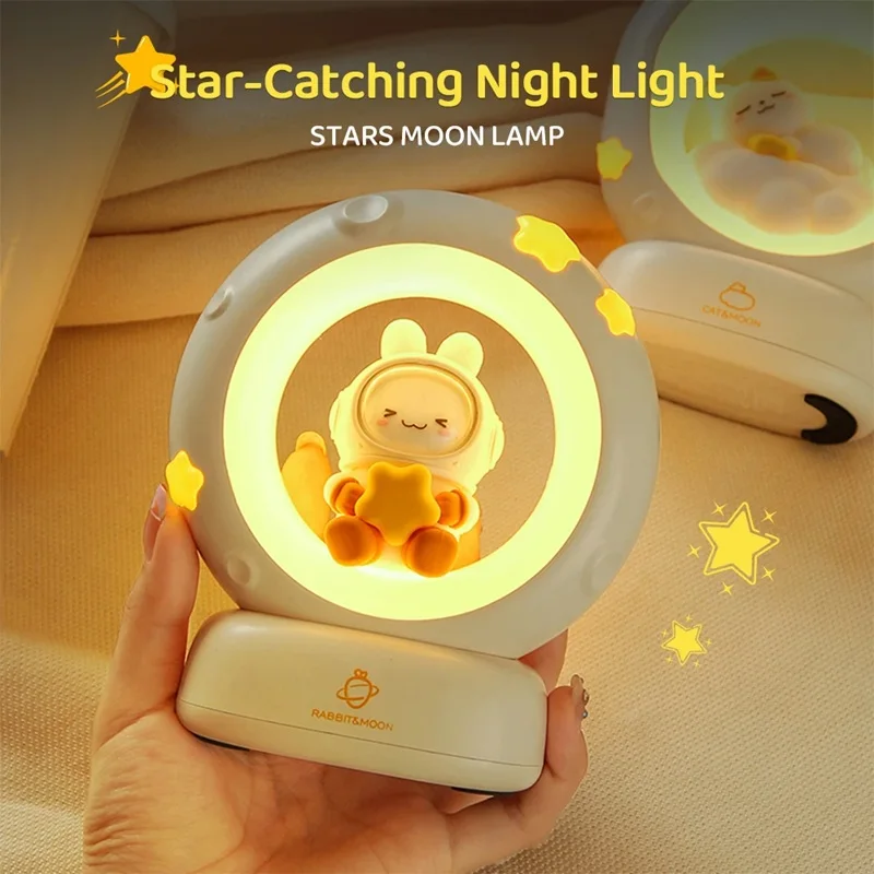 LED Adorable Rabbit Cat Night Light Bedside Decor for Rooms Ambient Lighting USB Rechargeable Bedroom Decor Sleep Aid Light
