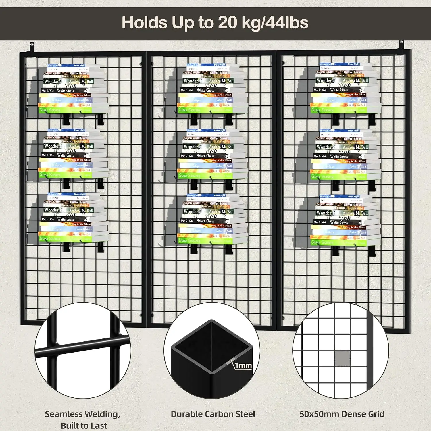 3-Pack Wall Mount Gridwall Panels, 21.6" x 43.3" Wire Grid Wall Display Stand with 30 Hooks, Modular Art Display Rack and Garage Organization Workshop Storage, Black