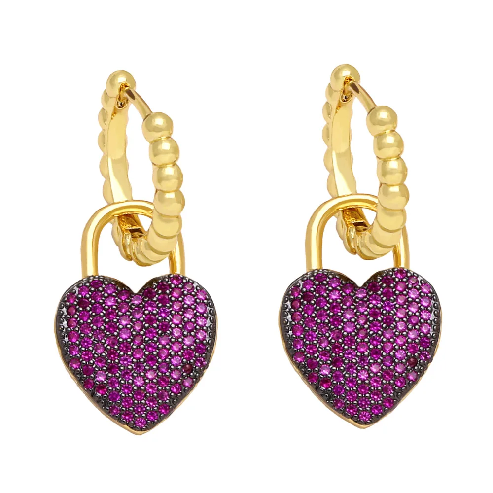 FLOLA Gold Plated Beads Hoop Heart Earrings for Women CZ Green Heart Dangle Earrings Lover Jewelry Valentine Gifts ersa322
