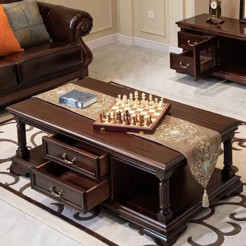 طاولة القهوة لغرفة المعيشة الخشب الصلب الرجعية منحوتة العمود الروماني طاولة تخزين فيلا شقة كبيرة طاولة القهوة
