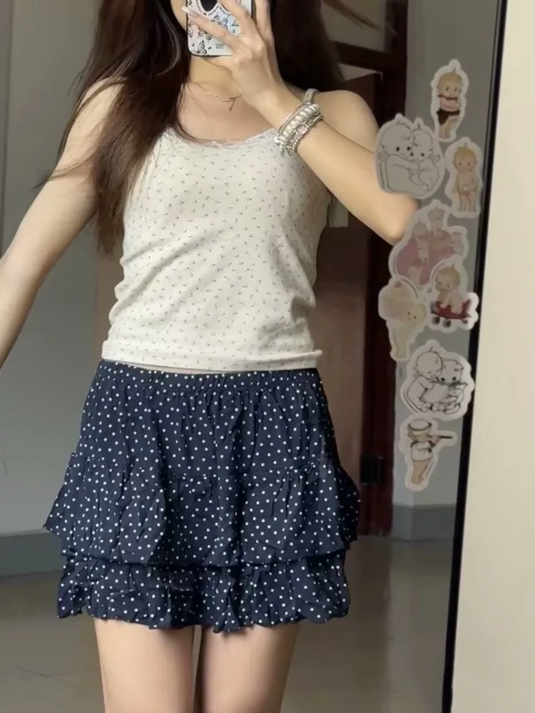 Minigonne a strati blu Navy da donna Casual 2023 estate Vintage elastico in vita gonne stampate floreali fondo Chic femminile