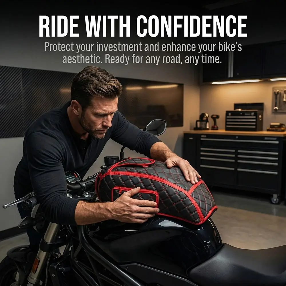 

Faux Leather Motorcycle Fuel Tank Cover Embroidery Thickened Fuel Tank Protector Sun Protection Wear-Resistant