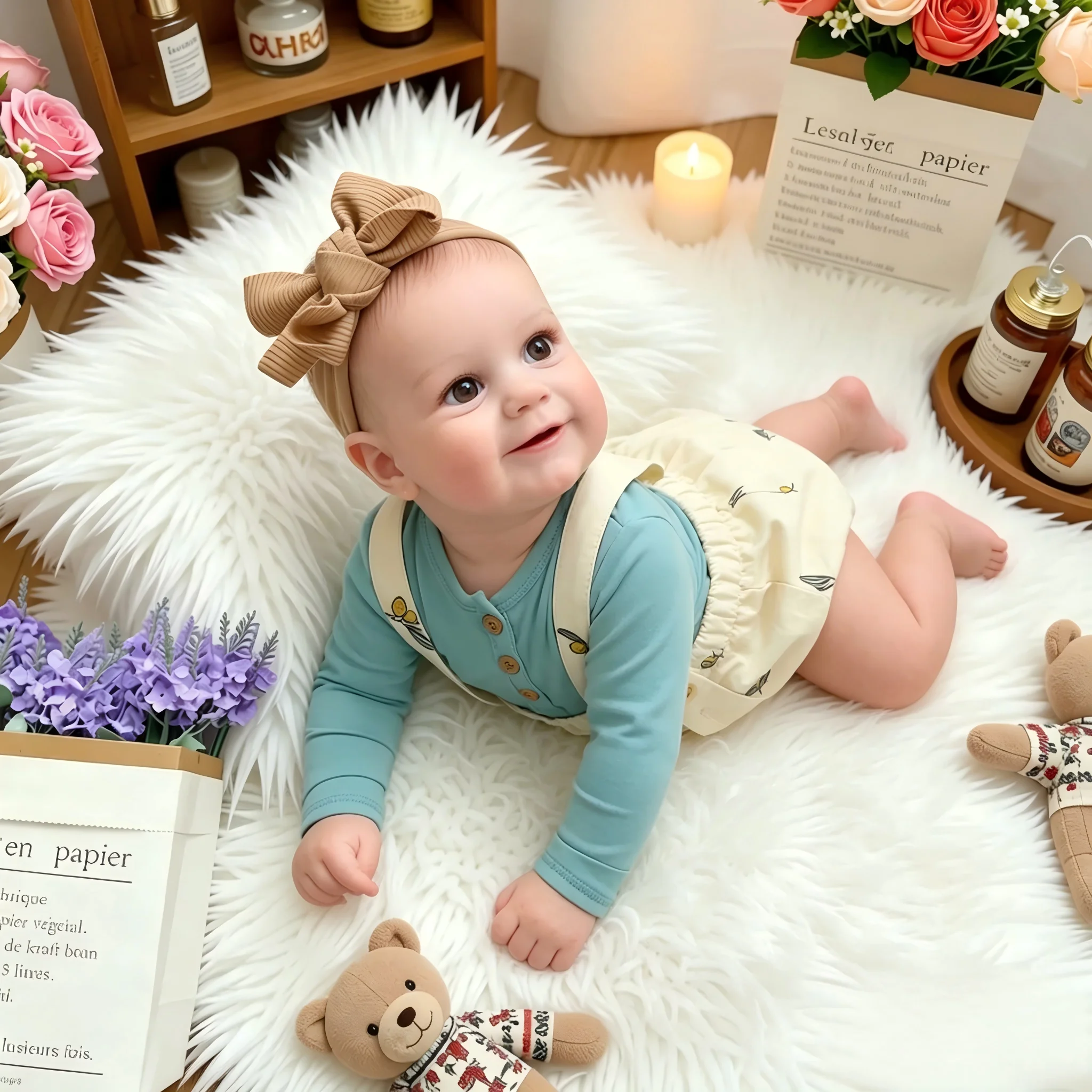 Muñeca Bebé Reborn Realista de 50 cm, Ropa con Tirantes Florales y Diadema con Lazo Grande, Muñeca Realista para Jugar a las Casitas y Regalo Navideño