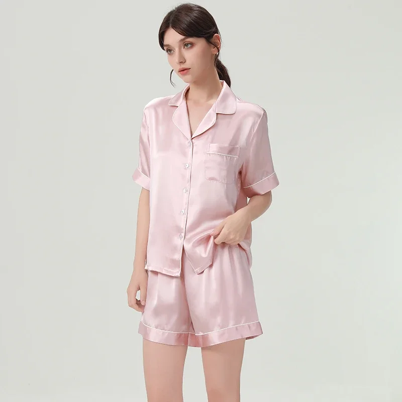 

19 мм 100% натуральный шелк, шорты с короткими рукавами, пижамный комплект, женский летний кардиган из тутового шелка, ночная рубашка на пуговицах, домашняя одежда PJS