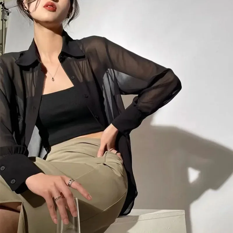 SMVP بلوزة شيفون للنساء 2025 جديد الصيف بقماش شفاف كم طويل قمصان الحماية من الشمس الكورية موضة مكتب سيدة قميص بلايز #2
