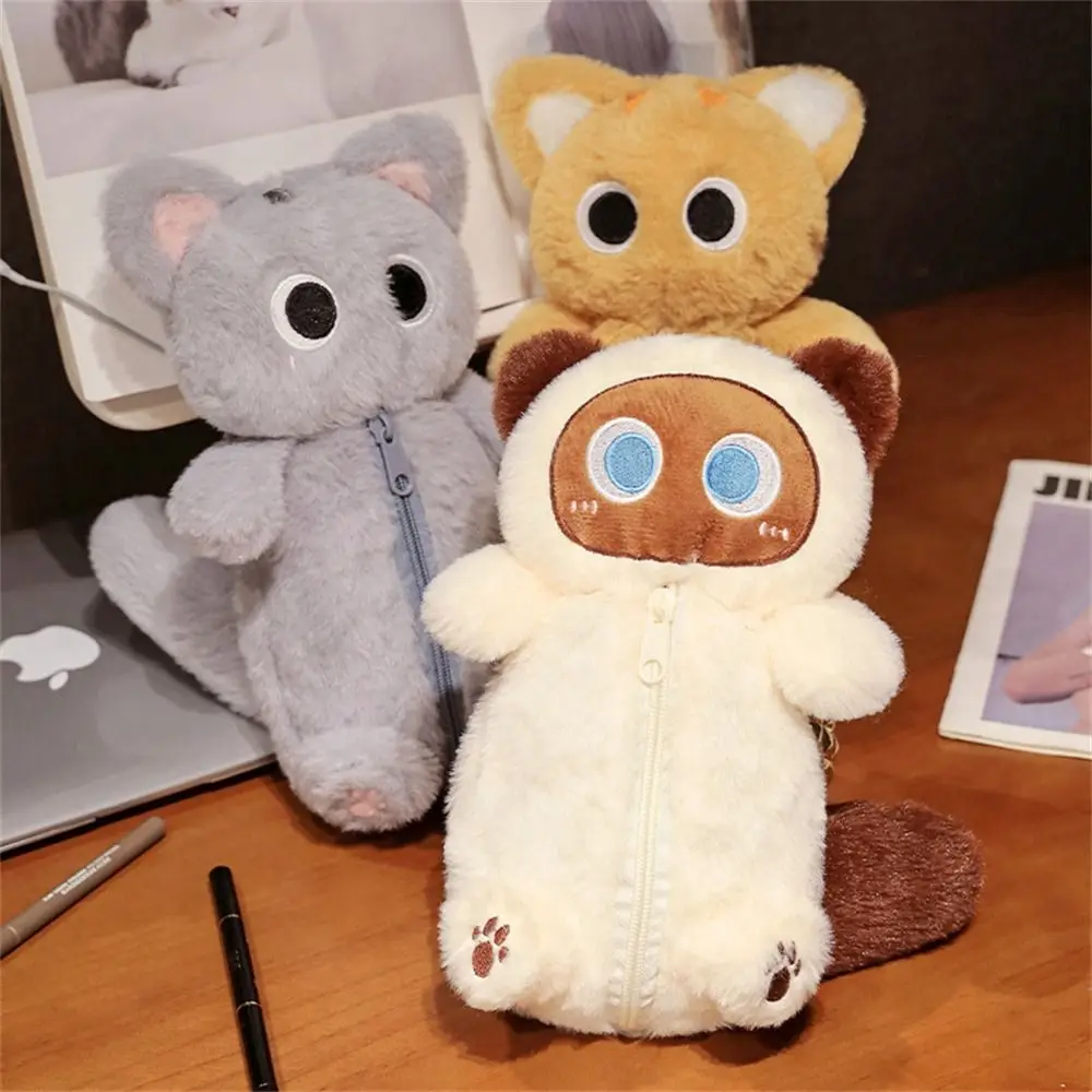 estojo de lapis siamese cat plush pen storage bolsa bolsa de papelaria de grande capacidade design bonito boneca dos desenhos animados 01