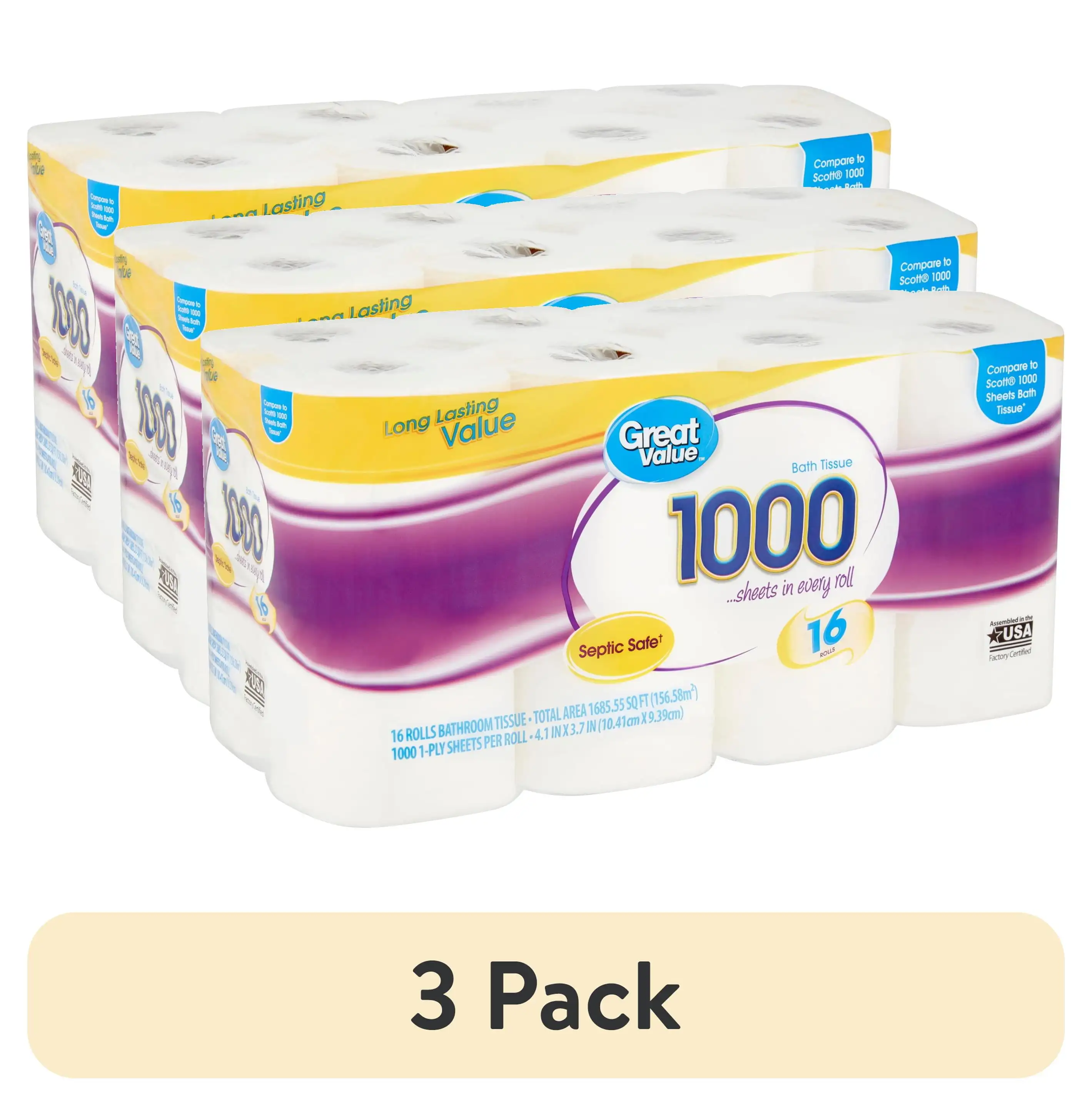 

(3 Pack) 1000 Bath Tissue Rolls, 16 Rolls