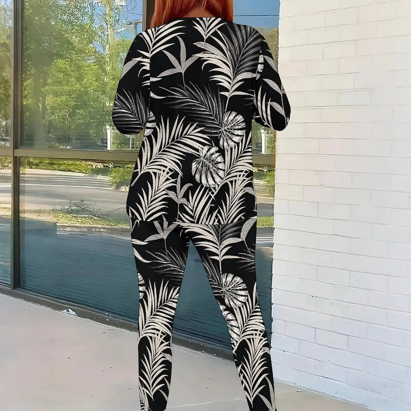 Women Turquoise Gradient Palm Bird Printed Long Sleeve Top and Fitted Pants Two Piece Set