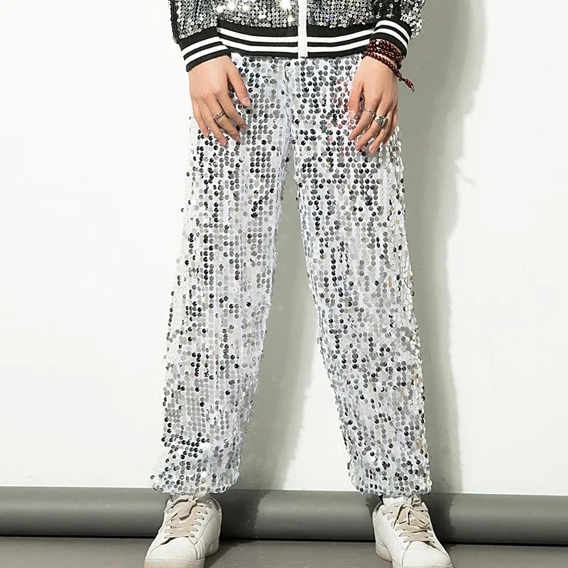 2024 New Disco Party Stage Trousers Men Prom Singer Shiny Silver Sequin Dance Streetwear Sweatpants Costume Pantalones de Hombre