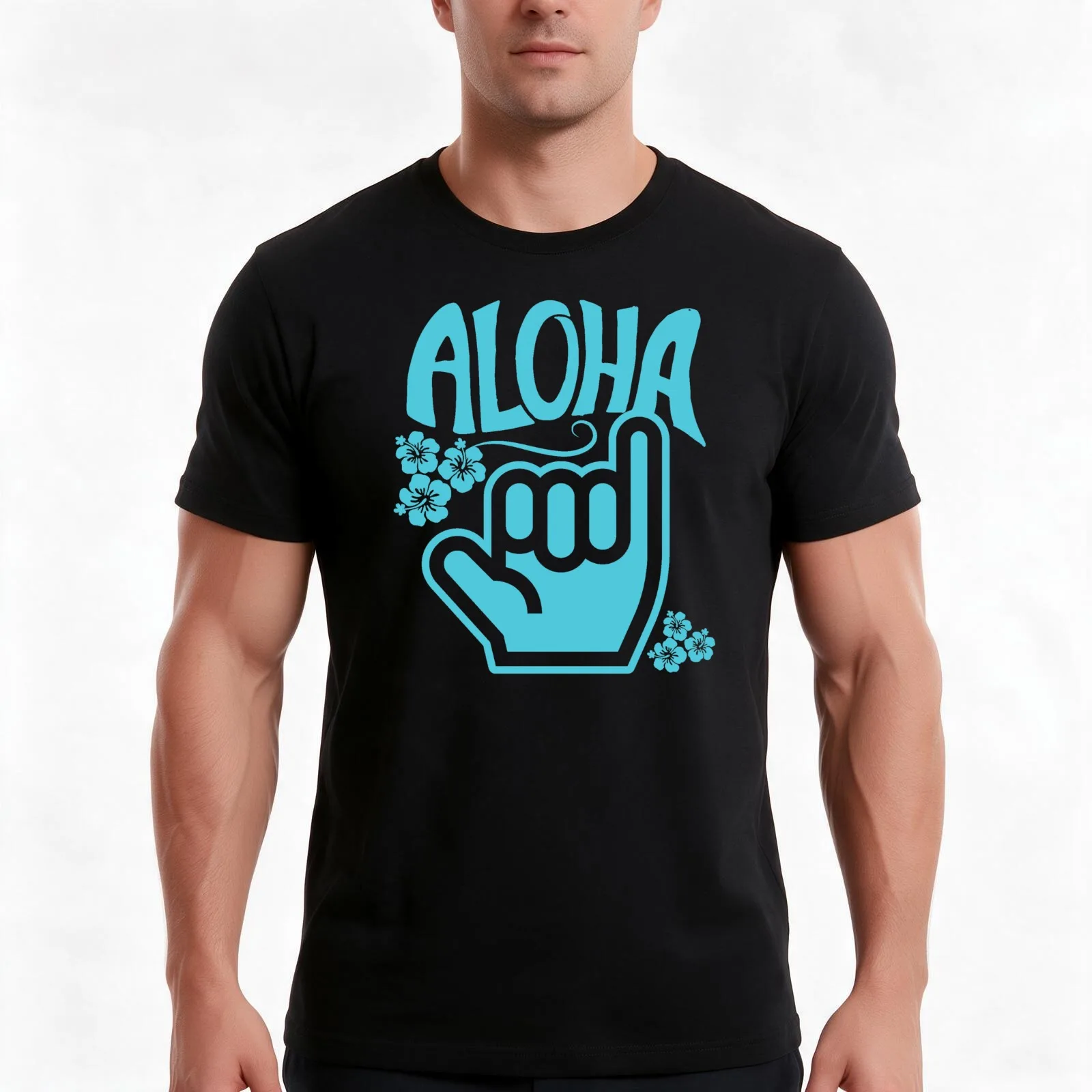 Aloha Shaka (Aqua) T-Shirt, Summer Casual Cotton Tee, Oversized Streetwear Tops, Vintage Graphic Print, Loose Fit Short Sleeve