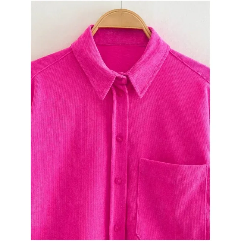 2023 Corduroy Shirts for Women Fuchsia Button up Shirt Woman Long Sleeve Casual Blouses Women Fall Satin Shirts and Blouses