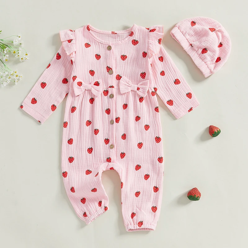 

Suefunskry Baby Girl 2Pcs Spring Fall Romper Outfits Long Sleeve Strawberry Print Ruffle Jumpsuit with Hat Set Newborn Clothes