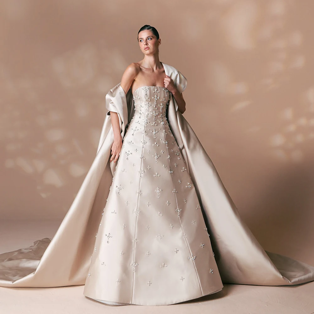 

Exquisite Crystal Evening Dresses Modern A-Line Strapless Shawl Customized Homecoming Dresses Satin Special Occasion Gowns