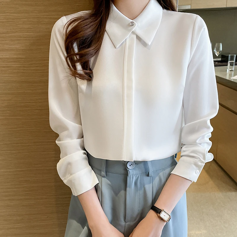 Autumn Office Lady Solid Chic Button Chiffon Shirts Women Clothing Fashion Loose Casual Long Sleeve Tops New Elegant Blouse