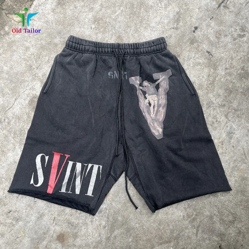 

Heavyweight Washed Summer Shorts High Quality Printed Cotton SAINT Shorts Vintage Brand Mens Womens Breeches