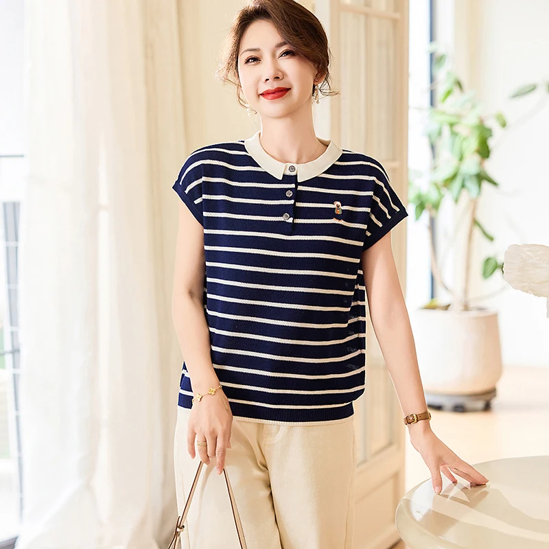 

Модная полосатая футболка из ледяного шелка свободного кроя для молодых мам, летняя новинка, антивозрастной женский топ