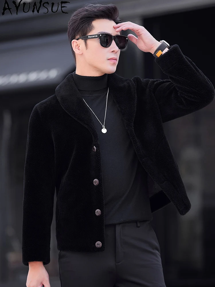 AYUNSUE Cappotti di lana 100% per uomo Autunno Inverno Moda coreana Giacca corta da tosatura delle pecore Cappotto di pelliccia da uomo reversibile Abiti neri