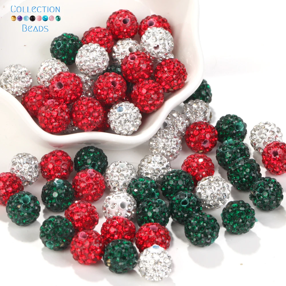 45pcs 10mm Christmas Color Czech Crystal Rhinestones Pave Clay Round Disco Ball Spacer Beads For Jewelry Making Accessries