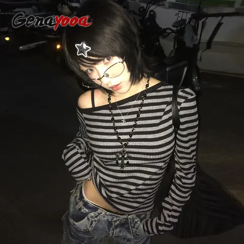 Genayooa-Camiseta japonesa Y2k para mujer, Tops cortos a rayas de manga larga con hombros descubiertos, ropa de calle estética Grunge de los años 2000