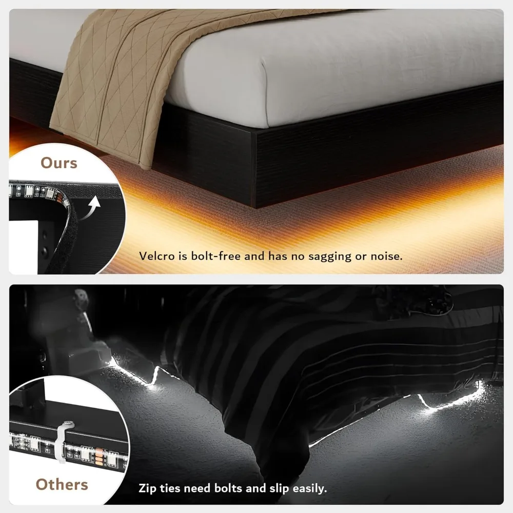 إطار سرير عائم iPormis Queen مع أضواء LED ومحطة شحن، وسرير بمنصة مع لوح رأسي للتخزين الخشبي، وشرائح فولاذية